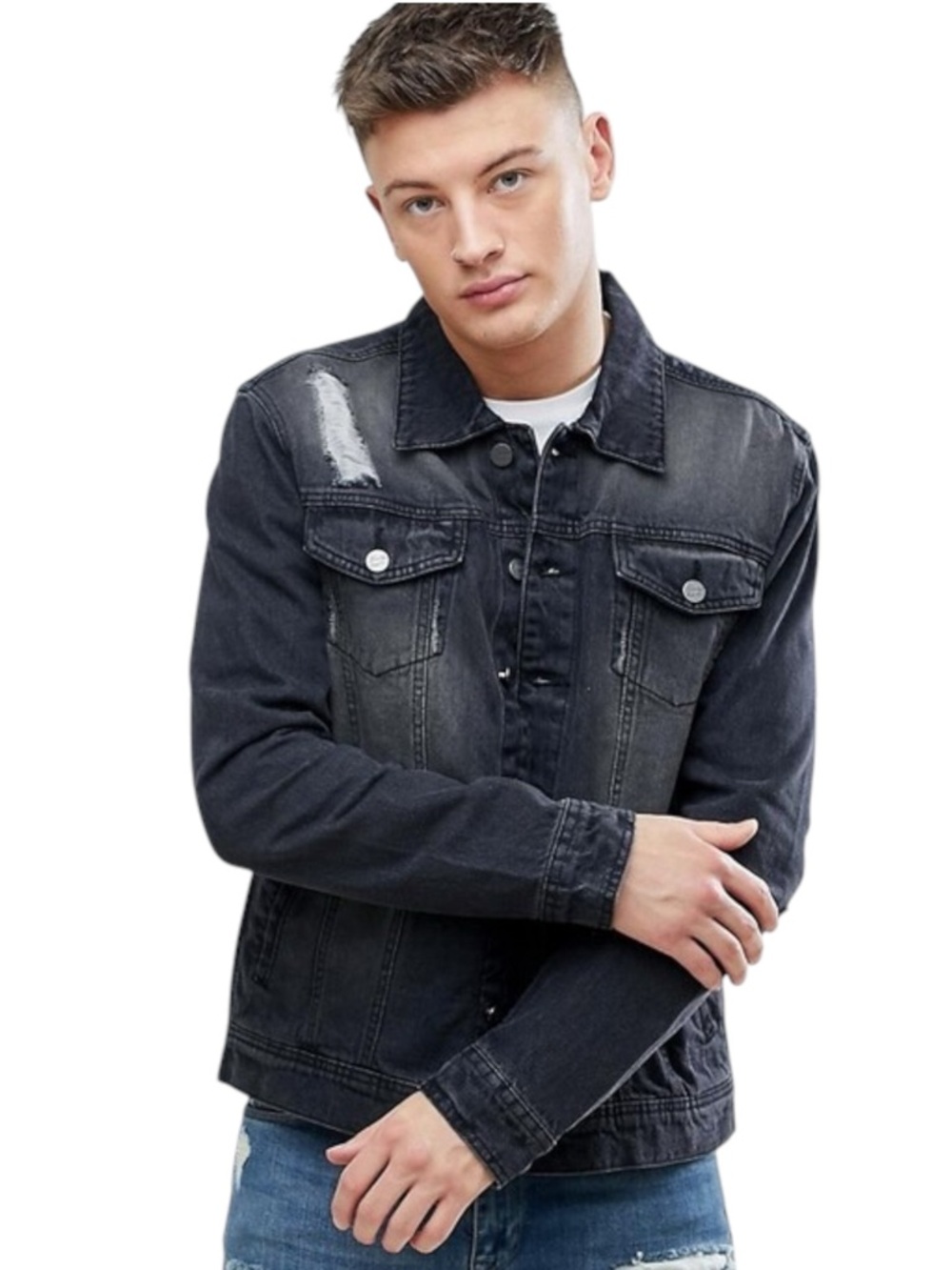 Hoxton Denim Washed Black Distressed Slim Fit Denim Jean Jacket (M/L)